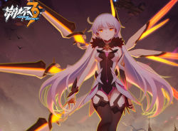 Rule 34 | 1girl, ahoge, armor, armored dress, backlighting, breasts, commentary, copyright name, cowboy shot, diamond-shaped pupils, diamond (shape), elbow gloves, energy wings, english commentary, expressionless, floating hair, fur collar, gloves, glowing, glowing eyes, highres, honkai (series), honkai impact 3rd, kiana kaslana, kiana kaslana (herrscher of the void), light purple hair, long hair, looking at viewer, medium breasts, neon trim, orange eyes, single elbow glove, solo, symbol-shaped pupils, thigh gap, thighhighs, very long hair, xiaoxiao de silian