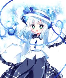 Rule 34 | 1girl, :d, absurdres, blouse, blue bow, blue skirt, blush, bow, breasts, buttons, chisen maimai, collared shirt, frilled sleeves, frills, green eyes, hat, hat bow, hat ribbon, heart, highres, komeiji koishi, komeiji koishi (spontaneous white beauty), looking at viewer, medium breasts, medium hair, open mouth, ribbon, shirt, simple background, skirt, sleeves past wrists, smile, solo, third eye, touhou, touhou lostword, white background, white hair, white hat, white shirt, wide sleeves