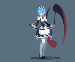 Rule 34 | 10s, 1girl, animated, animated gif, apron, arm garter, artist name, black ribbon, blue background, blue eyes, blue hair, bow, breasts, chain, cleavage, detached sleeves, dress, flail, frilled dress, frilled skirt, frilled sleeves, frills, hair ornament, hair over one eye, holding, holding weapon, jtangc, maid, maid headdress, mary janes, matching hair/eyes, medium breasts, morning star, open mouth, pantyhose, pink ribbon, pixel art, re:zero kara hajimeru isekai seikatsu, rem (re:zero), ribbon, ribbon-trimmed clothes, ribbon-trimmed collar, ribbon-trimmed sleeves, ribbon trim, shadow, shoes, short hair, simple background, skirt, solo, swinging, weapon, white pantyhose, wide sleeves, x hair ornament