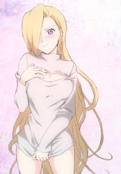 Rule 34 | 1girl, blonde hair, blush, bottomless, clothes pull, embarrassed, hair over one eye, knk sxi, long hair, meme attire, naruto: the last, naruto (series), open-chest sweater, shirt pull, solo, sweater, very long hair, yamanaka ino