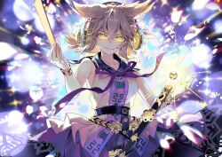 1girl bare_shoulders belt black_belt blonde_hair bracelet collarbone commentary_request cowboy_shot danmaku dress earmuffs glowing glowing_eyes hair_between_eyes hair_ears holding_baton japanese_clothes jewelry looking_at_viewer medium_hair neck_ribbon orb purple_ribbon ribbon ritual_baton sheath signature sleeveless sleeveless_dress smile solo syuri22 touhou toyosatomimi_no_miko v-shaped_eyebrows yellow_eyes