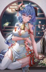 Rule 34 | absurdres, ahoge, alternate costume, bell, bird, blue hair, blush, breasts, china dress, chinese clothes, cleavage, cleavage cutout, clothing cutout, covered navel, dress, flower, flower knot, full moon, ganyu (genshin impact), genshin impact, gold trim, highres, horns, indoors, long hair, looking at viewer, medium breasts, moon, neck bell, night, parted lips, purple eyes, qingxin flower, sidelocks, sitting, skindentation, solo, tassel, thigh strap, thighhighs, vision (genshin impact), white flower, white thighhighs, window, wol (wol 927)