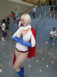 Rule 34 | belt, blonde hair, breasts, cape, cleavage, cleavage cutout, clothing cutout, cosplay, dc comics, gloves, highres, leotard, photo (medium), power girl, power girl (cosplay)