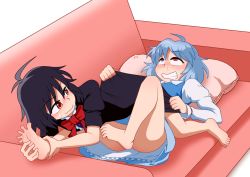 Rule 34 | 2girls, ahegao, ahoge, bare legs, barefoot, bed, black hair, blue hair, blush, bow, dress, feet, female focus, tickling feet, heterochromia, holding another&#039;s foot, houjuu nue, iromeki overdrive, looking up, lying, multiple girls, no legwear, no panties, no shoes, pillow, red eyes, runny nose, short hair, skirt, snot, soles, spread toes, sweat, sweatdrop, tatara kogasa, tickle torture, tickling, toe scrunch, toes, touhou, uncommon stimulation, wavy mouth, yuri