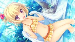 Rule 34 | 1girl, @ @, bikini, blonde hair, blush, dutch angle, flower, frilled bikini, frills, game cg, hair flower, hair ornament, highres, looking at viewer, mikagami mamizu, open mouth, parfil, purple eyes, short hair, sitting, solo, swimsuit, towel, wading, water, wavy mouth, world election