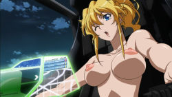 Rule 34 | 1girl, banpresto, blonde hair, blue eyes, breasts, excellen browning, high ponytail, highres, large breasts, nude, one eye closed, ponytail, screencap, solo, super robot wars, third-party edit, wink