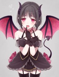 Rule 34 | 1girl, :d, bare shoulders, black dress, black hair, black skirt, black thighhighs, blush, bow, breasts, chisumi, collar, commentary, cowboy shot, demon girl, demon horns, demon tail, demon wings, dress, drooling, fang, finger to mouth, frilled dress, frills, garter straps, grey background, halterneck, head tilt, heart, heart-shaped pupils, highres, horns, looking at viewer, medium breasts, open mouth, original, pink bow, pleated skirt, puffy short sleeves, puffy sleeves, red collar, red eyes, short hair, short sleeves, simple background, skirt, smile, solo, standing, symbol-shaped pupils, tail, thighhighs, wings