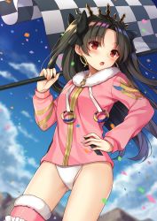 Rule 34 | 1girl, :o, bad id, bad pixiv id, black bow, black hair, blue sky, blush, bow, checkered flag, cloud, day, earrings, fate/grand order, fate (series), flag, hair bow, hand on own hip, highleg, highleg swimsuit, holding, holding flag, hoop earrings, ishtar (fate), jewelry, long hair, looking at viewer, one-piece swimsuit, red eyes, shiromikan, single thighhigh, sky, solo, swimsuit, swimsuit under clothes, thighhighs, tohsaka rin, two side up, white one-piece swimsuit