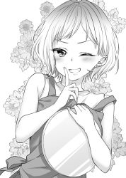 Rule 34 | 1girl, ao ayaka, apron, bare arms, bare shoulders, blush, ear piercing, earrings, floral background, forehead, greyscale, grin, hands up, highres, holding, holding tray, ice cream kanojo, index finger raised, jewelry, kuune rin, looking at viewer, monochrome, one eye closed, parted bangs, piercing, shirt, simple background, skirt, sleeveless, sleeveless shirt, smile, solo, star (symbol), tray, white background