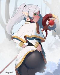 Rule 34 | 1girl, absurdres, artist name, ass, blush, capelet, dress, elf, embarrassed, frieren, from behind, green eyes, grey hair, highres, huge ass, hycatoart, long hair, looking at viewer, pantyhose, pointy ears, short dress, solo, sousou no frieren, staff, twintails