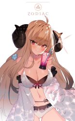 Rule 34 | 1girl, absurdres, ahoge, anila (granblue fantasy), anila (summer) (granblue fantasy), bikini, blonde hair, blush, breasts, brown eyes, cherry, cleavage, cocktail glass, collarbone, cup, curled horns, detached sleeves, draph, drinking glass, drinking straw, english text, food, fruit, granblue fantasy, head tilt, highres, holding, holding cup, horns, large breasts, layered bikini, long hair, navel, red ribbon, ribbon, sheep horns, simple background, smile, solo, soukou makura, swimsuit, thick eyebrows, thigh gap, white background, white bikini, wide sleeves