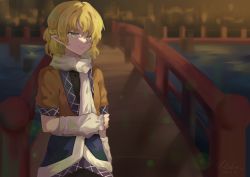 Rule 34 | 1girl, absurdres, arm warmers, black shirt, blonde hair, braid, bridge, brown jacket, closed mouth, commentary request, cowboy shot, french braid, green eyes, highres, huge filesize, jacket, looking at viewer, mizuhashi parsee, multicolored clothes, multicolored jacket, pointy ears, scarf, shirt, short hair, short ponytail, short sleeves, solo, touhou, white scarf, yasei akazome