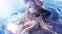 Rule 34 | 1girl, artist name, azur lane, bad id, bad pixiv id, bare shoulders, breasts, cleavage, clenched hand, cowboy shot, detached collar, dress, elbow gloves, gloves, hair ornament, hair ribbon, hat, highres, illustrious (azur lane), jewelry, large breasts, long hair, looking at viewer, mole, mole under eye, pendant, purple eyes, ribbon, ripples, sidelocks, silver hair, smile, solo, suru (ksoo420), wading, water, white dress, white gloves, white hat