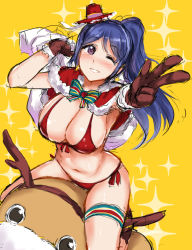 Rule 34 | 1girl, ;d, armpits, arms up, bikini, blue hair, blush, bow, breasts, brown gloves, capelet, christmas, cleavage, colored stripes, foreshortening, front-tie bikini top, front-tie top, fur-trimmed capelet, fur trim, gloves, hat, holding, kamishiro ryuu, large breasts, long hair, looking at viewer, love live!, love live! school idol festival, love live! sunshine!!, matsuura kanan, mini hat, navel, one eye closed, open mouth, parted bangs, ponytail, purple eyes, red bikini, red hat, red ribbon, ribbon, sack, side-tie bikini bottom, sketch, smile, solo, sparkle background, stomach, straddling, striped, striped bow, swimsuit, tareme, thigh strap, uchicchii, v, yellow background