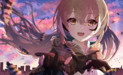 Rule 34 | 1girl, :d, brown capelet, brown cloak, brown eyes, brown hair, building, capelet, cityscape, cloak, cloud, cloudy sky, feather hair ornament, feathers, fingernails, gloves, hair ornament, hairclip, hand on own chest, hieroglyphics, highres, hololive, hololive english, long hair, looking at viewer, manganeso, motion blur, multicolored hair, nanashi mumei, open mouth, partially fingerless gloves, ponytail, reaching, reaching towards viewer, ribbon, shirt, sky, skyline, smile, solo, star (sky), starry sky, streaked hair, teeth, twilight, upper teeth only, very long hair, virtual youtuber, white shirt, wind, wind lift