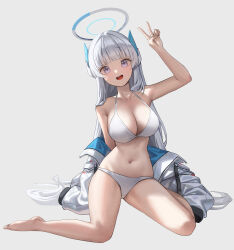 Rule 34 | 1girl, absurdres, arm up, bikini, blue archive, blush, breasts, cleavage, collarbone, grey background, grey hair, halo, highres, jacket, large breasts, long hair, mansu (user pnmp4287), mechanical halo, navel, noa (blue archive), open mouth, purple eyes, simple background, smile, solo, swimsuit, two-sided fabric, two-sided jacket, v, white bikini, white jacket