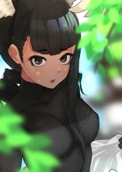 Rule 34 | 1girl, asymmetrical hair, bird wings, black-headed ibis (kemono friends), black hair, blunt bangs, blurry, blurry foreground, bodystocking, breasts, brown eyes, covered collarbone, dappled sunlight, day, drill hair, gakukuru, hair behind ear, head wings, highres, kemono friends, light blush, looking at viewer, medium breasts, open clothes, open mouth, open shirt, outdoors, skin tight, solo, sunlight, turtleneck, undressing, upper body, white wings, wings