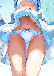Rule 34 | 1girl, blue hair, blue panties, blurry, blurry background, blush, bow, bow panties, commentary request, dress, extended upskirt, from below, gundori, highres, hololive, navel, open mouth, original, panties, panty focus, pantyshot, shaded face, short eyebrows, solo, thick eyebrows, thighs, underwear, upskirt, usada pekora, usada pekora (casual), virtual youtuber, white dress