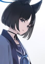 Rule 34 | 1girl, animal ear fluff, animal ears, black eyes, black hair, blue archive, blue halo, blue sailor collar, cat ears, halo, haori, highres, japanese clothes, kikyou (blue archive), looking at viewer, neckerchief, parted lips, rokuwata tomoe, sailor collar, school uniform, short hair, simple background, solo, white background
