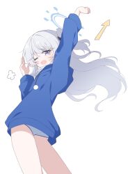 Rule 34 | 1girl, absurdres, arm up, arrow (symbol), blue archive, blue halo, blue hoodie, blue panties, blush, grey hair, hagoonha, halo, highres, hood, hoodie, long hair, long sleeves, miyako (blue archive), miyako (young) (blue archive), official alternate costume, one eye closed, one side up, open mouth, panties, purple eyes, simple background, solo, underwear, white background, yawning