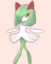 Rule 34 | 1girl, absurdres, artist name, closed mouth, colored skin, creatures (company), female focus, flat chest, full body, game freak, gen 3 pokemon, green hair, green skin, hair over one eye, hands up, happy, highres, jpeg artifacts, kirlia, looking at viewer, mezmaroon, multicolored skin, nintendo, no humans, outline, pink background, pink outline, pokemon, pokemon (creature), red eyes, short hair, signature, simple background, smile, solo, standing, two-tone skin, walking, white skin