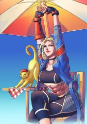 Rule 34 | 1girl, abs, blonde hair, blue sky, breasts, cammy white, cat, hat, highres, large breasts, lips, pants, parasol, scar, scar on face, short hair, sitting, sky, street fighter, street fighter 6, treartz, umbrella