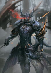 Rule 34 | 1boy, armor, blurry, blurry background, breastplate, claw ring, dragoon (final fantasy), esuthio, extra eyes, eye trail, faulds, final fantasy, final fantasy xiv, full armor, glowing, glowing eyes, greaves, highres, holding, holding polearm, holding weapon, lance, light trail, looking at viewer, male focus, pauldrons, polearm, second-party source, shoulder armor, solo, spikes, standing, warrior of light (ff14), weapon