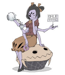 Rule 34 | 1girl, arthropod girl, black footwear, black hair, breasts, bug, closed mouth, colored skin, cup, doughnut, dress, extra arms, extra ears, extra eyes, fangs, food, full body, high heels, highres, holding, holding cup, insect girl, medium breasts, medium dress, muffet, muffet&#039;s pet, one eye closed, peroponesosu., purple skin, sale, short hair, sign, sitting, sitting on animal, spider, spider girl, teacup, teapot, undertale
