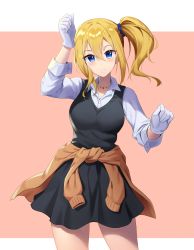 Rule 34 | 1girl, arm up, black skirt, blonde hair, blouse, blue eyes, blush, breasts, clenched hands, closed mouth, clothes around waist, collarbone, collared shirt, commentary request, cowboy shot, dress shirt, gloves, hair between eyes, hair ornament, hair scrunchie, hayasaka ai, highres, holiday (pangjelly), jewelry, kaguya-sama wa kokurasetai ~tensai-tachi no renai zunousen~, large breasts, long hair, long sleeves, looking at viewer, necklace, pink background, school uniform, scrunchie, shirt, shuuchiin academy school uniform, side ponytail, sidelocks, skirt, smile, solo, sweater, sweater around waist, two-tone background, white background, white gloves, white shirt