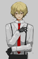 Rule 34 | 1boy, black gloves, black pants, blonde hair, blush, collared shirt, dokgo die docta (d o t), gloves, highres, limbus company, looking at viewer, male focus, necktie, pants, parted lips, project moon, red necktie, shirt, sinclair (project moon), solo, suspenders, white shirt, yellow eyes