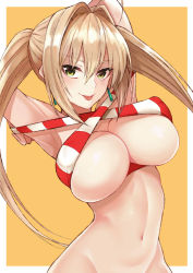 Rule 34 | 1girl, :p, ahoge, armpits, arms behind head, arms up, bare arms, bare shoulders, bikini, bikini top lift, blonde hair, breasts, cleavage, closed mouth, clothes lift, cocq taichou, collarbone, commentary request, criss-cross halter, earrings, eyelashes, fate/extra, fate/grand order, fate (series), fingernails, green eyes, hair between eyes, hair intakes, halterneck, jewelry, large breasts, long fingernails, long hair, looking at viewer, nero claudius (fate), nero claudius (fate) (all), nero claudius (swimsuit caster) (fate), side-tie bikini bottom, sidelocks, skindentation, smile, solo, standing, stomach, strap lift, striped bikini, striped clothes, swimsuit, tongue, tongue out, twintails, underboob, upper body, yellow background