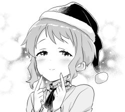 Rule 34 | 1girl, blush, collar, commentary, dot nose, english commentary, frilled collar, frills, greyscale, half-closed eyes, hands up, hat, idolmaster, idolmaster million live!, index fingers raised, light smile, looking at viewer, makabe mizuki, minazuki tooru, monochrome, neck ribbon, pointing, pointing at self, ribbon, santa hat, short hair, sidelocks, solo, sweater, upper body, white background
