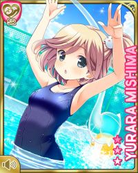 Rule 34 | 1girl, :o, arms up, ball, barefoot, beachball, black one-piece swimsuit, blonde hair, card (medium), chain-link fence, collarbone, competition swimsuit, day, fence, ghost, girlfriend (kari), grey eyes, looking at viewer, mishima yurara, official art, one-piece swimsuit, open mouth, pool, poolside, qp:flapper, short hair, side ponytail, sky, solo, sparkle, splashing, standing, surprised, swimming, swimsuit, tagme, volume symbol, wet