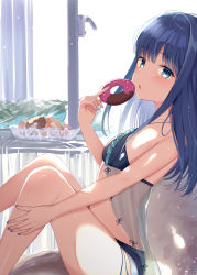 Rule 34 | 1girl, babydoll, blue eyes, blue hair, blue panties, blush, bowl, breasts, chair, doughnut, food, highres, holding, lingerie, long hair, looking at viewer, magia record: mahou shoujo madoka magica gaiden, mahou shoujo madoka magica, nanami yachiyo, open mouth, panties, plant, sitting, sky, small breasts, solo, suzugahama, table, tablecloth, underwear, window