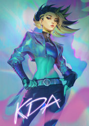 Rule 34 | 1girl, absurdres, akali, belt, black gloves, black hair, black pants, blonde hair, blue eyes, breasts, c home, colored smoke, cowboy shot, crop top, cropped jacket, ear piercing, earrings, eyeliner, fingerless gloves, from below, gloves, hand on own hip, highres, jewelry, k/da (league of legends), league of legends, lips, lipstick, looking at viewer, makeup, midriff, multicolored background, multicolored hair, navel, official alternate costume, pants, piercing, ponytail, shadow, signature, small breasts, smoke, solo, stomach, the baddest akali, two-tone hair, zipper