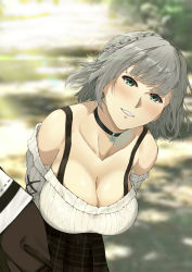 Rule 34 | 1girl, 1other, absurdres, bare shoulders, black choker, blush, braid, breasts, choker, cleavage, green eyes, grin, highres, hololive, large breasts, leaning forward, looking at viewer, nanashi ato, outdoors, parted lips, plaid, plaid skirt, ribbed sweater, shirogane noel, shirogane noel (casual), short hair, silver hair, skirt, smile, snowflake necklace, solo focus, sweater, virtual youtuber, white sweater