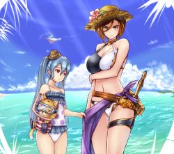 Rule 34 | 10s, 2girls, aqua eyes, asymmetrical clothes, beach, bikini, black knight (granblue fantasy), blue hair, breast hold, breasts, brown hair, day, diving mask, floating island, goggles, granblue fantasy, halterneck, highres, long hair, multiple girls, orchis, outdoors, polka dot, polka dot swimsuit, red eyes, sheath, sheathed, short hair, stuffed animal, stuffed cat, stuffed toy, suzumushi, swimsuit, sword, thigh strap, twintails, water, weapon