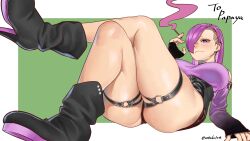 Rule 34 | 1girl, ass, black panties, black skirt, blush, boots, breasts, check copyright, cigarette, commission, copyright request, crossed legs, ear piercing, full body, hair over one eye, highres, large breasts, long hair, lying, on back, original, panties, piercing, purple eyes, purple hair, purple shirt, shirt, skeb commission, skindentation, skirt, sleeves past wrists, smoking, solo, thigh strap, thighs, underwear, unthuku