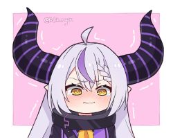 Rule 34 | 1girl, ahoge, black coat, blush, braid, chibi, coat, collar, commentary, demon horns, english commentary, female focus, french braid, hair between eyes, hololive, holox, horns, kukie-nyan, la+ darknesss, long hair, looking at viewer, metal collar, multicolored hair, pink background, pointy ears, purple hair, silver hair, simple background, single braid, solo, streaked hair, striped horns, tears, trembling, twitter username, two-tone hair, virtual youtuber, yellow eyes