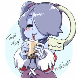 Rule 34 | 1girl, blue hair, blue skin, blush, bubble tea, colored skin, detached sleeves, drink, drinking straw, closed eyes, hair over one eye, leviathan (skullgirls), mtk hoshi, side ponytail, skeletal arm, skullgirls, smile, solo, squigly (skullgirls), stitched mouth, stitches, striped sleeves, upper body, zombie