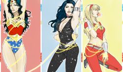 Rule 34 | 3girls, amazon warrior, armband, armor, bangle, bare shoulders, belt, black hair, blonde hair, blue eyes, boots, bracelet, breasts, cassandra sandsmark, chewing gum, choker, cleavage, dc comics, donna troy, earrings, family, female focus, hairband, headband, jewelry, lasso, lasso of lightning, lasso of persuasion, lasso of truth, leaning, midriff, multiple girls, pants, realistic, red pants, red shirt, rope, shirt, siblings, sisters, star (symbol), star print, strapless, superhero costume, troia, wallpaper, wonder girl, wonder woman, wonder woman (series)