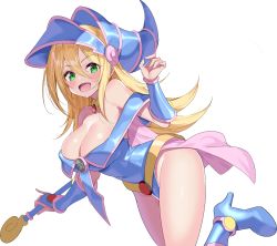Rule 34 | 1girl, absurdres, blonde hair, blush, boots, bracer, breasts, cleavage, dark magician girl, from side, green eyes, happy, hat, high heel boots, high heels, highres, ichi-jirushi, jewelry, large breasts, leotard, long hair, necklace, open mouth, pentagram, rod, simple background, solo, white background, wizard hat, yu-gi-oh!