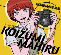 Rule 34 | 1girl, :d, bob cut, camera, character name, collared shirt, commentary request, copyright name, danganronpa (series), danganronpa 2: goodbye despair, dress, freckles, hands up, holding, holding camera, koizumi mahiru, looking at viewer, necktie, open mouth, pinafore dress, plaid necktie, plaid neckwear, red hair, shirt, short hair, short sleeves, simple background, sleeveless dress, smile, solo, teeth, tege (tege xxx), translation request, twitter username, upper body, upper teeth only, yellow background