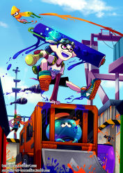 Rule 34 | 1boy, 1girl, arm support, bike shorts, blue eyes, blue hair, clementine lanark (tamarinfrog), cloud, cloudy sky, day, fangs, goggles, goggles on head, headphones, highres, holding, ink tank, ink tank (splatoon), inkling, inkling boy, inkling girl, inkling player character, jellyfish, jellyfish (splatoon), jumping, laser, laser pointer projection, laser sight, layered clothes, layered sleeves, long hair, long sleeves, nintendo, open mouth, orange hair, oversized object, paint roller, paint splatter, pointy ears, shirt, shoes, short hair, short over long sleeves, short sleeves, sky, sneakers, splat charger (splatoon), splat roller (splatoon), splatoon (series), splatoon 1, sprinkler, standing, super soaker, tamarinfrog, tentacle hair, topknot, water balloon, watermark, weapon, web address, whinter castello (tamarinfrog)