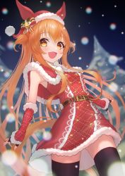 Rule 34 | 1girl, absurdres, animal ears, arm warmers, belt, blurry, blush, breasts, brown belt, brown gloves, brown hair, christmas, fingerless gloves, gloves, haimine, hair ribbon, hat, highres, horse ears, horse girl, leather belt, long hair, looking at viewer, mayano top gun (formation: party) (umamusume), mayano top gun (umamusume), night, night sky, official alternate costume, open mouth, orange eyes, pantyhose, red skirt, ribbon, santa costume, santa hat, skirt, sky, smile, snow, solo, thighhighs, thighs, tree, two side up, umamusume