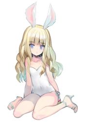 Rule 34 | 1girl, animal ears, arm behind back, blonde hair, blue eyes, rabbit ears, casual one-piece swimsuit, covered navel, curly hair, elin, emily (pure dream), high heels, highres, long hair, one-piece swimsuit, shoes, sitting, solo, swimsuit, tera online, white one-piece swimsuit