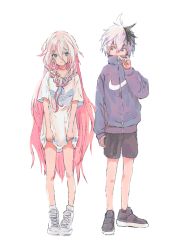 Rule 34 | 2girls, adidas, bad id, bad twitter id, black shorts, covered mouth, flower (vocaloid), flower (vocaloid4), full body, ia (vocaloid), jacket, kyuufu, long hair, long shirt, multicolored hair, multiple girls, nike (company), pink hair, purple eyes, purple jacket, shirt, shoes, short hair, shorts, simple background, sneakers, streaked hair, t-shirt, vocaloid, white background, white hair