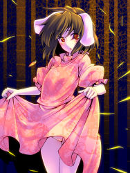 Rule 34 | 1girl, :&lt;, animal ears, bamboo, bamboo forest, blush, clothes lift, dress, dress lift, female focus, forest, inaba tewi, nature, no panties, rabbit, rabbit ears, raised eyebrow, red eyes, short hair, solo, symbol-shaped pupils, touhou, tro (trombe)