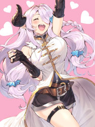 Rule 34 | 1girl, absurdres, asymmetrical gloves, black gloves, black legwear, blush, braid, breasts, draph, gloves, granblue fantasy, hair ornament, hair over one eye, highres, horns, joker (tomakin524), large breasts, light purple hair, long hair, low tied hair, narmaya (granblue fantasy), open mouth, pink background, pointy ears, single braid, sleeveless, smile, solo, thigh strap, thighs, uneven gloves