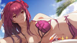 Rule 34 | 1girl, beach, bikini, breasts, chinese commentary, cleavage, cloud, cloudy sky, collarbone, crab, crab claw, day, fate/grand order, fate (series), flower, hibiscus, highres, large breasts, linzhong de xiongbaobao, long hair, looking at viewer, micro bikini, navel, palm tree, purple bikini, purple hair, red eyes, scathach (fate), scathach (fate), scathach (swimsuit assassin) (fate), sky, smile, solo, swimsuit, tree, underboob